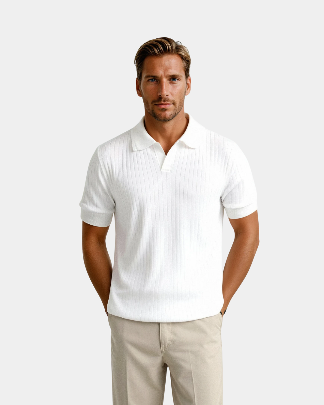 Men's White Ribbed Polo Shirt