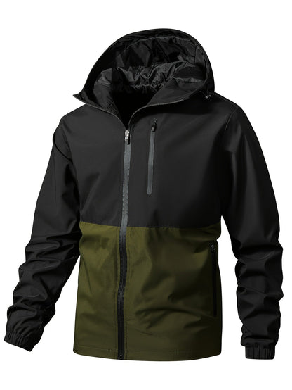 Men's Windproof Jacket with Zipper and Multiple Pockets