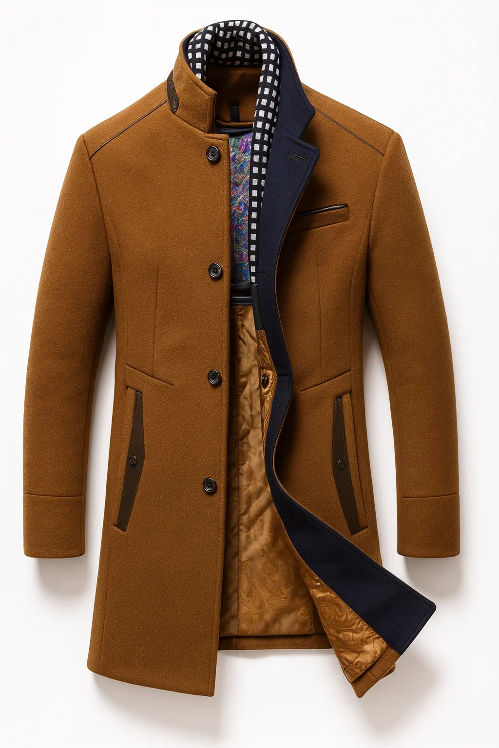 Men's Wool Blend Overcoat with Stand-Up Collar