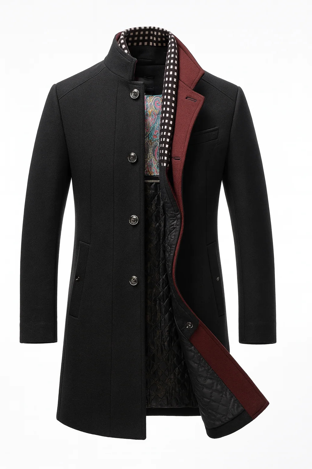 Men's Wool Blend Overcoat with Stand-Up Collar