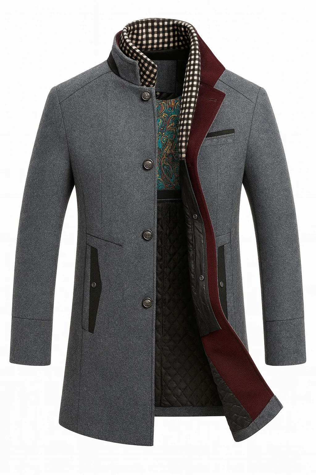 Men's Wool Blend Overcoat with Stand-Up Collar