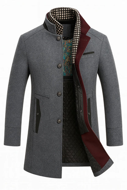 Men's Wool Blend Overcoat with Stand-Up Collar