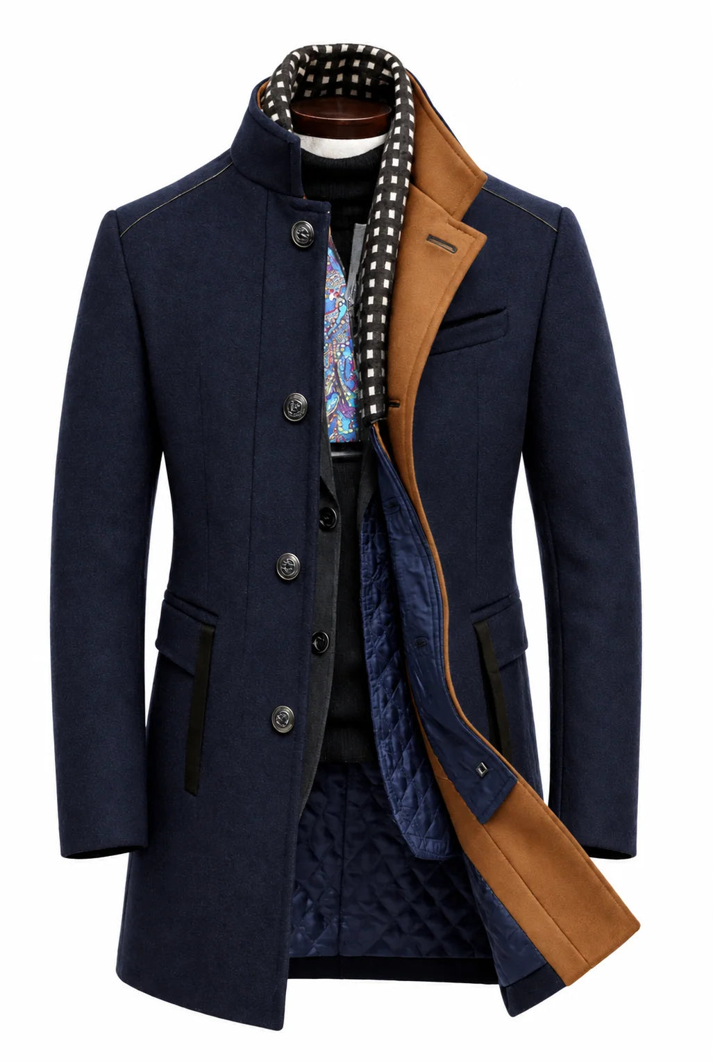 Men's Wool Blend Overcoat with Stand-Up Collar
