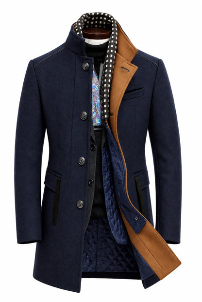 Men's Wool Blend Overcoat with Stand-Up Collar