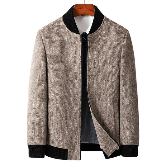 Men's Wool Herringbone Coat with Ribbed Collar