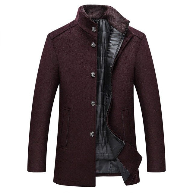 Men's Wool Single-Breasted Coat with Mandarin Collar