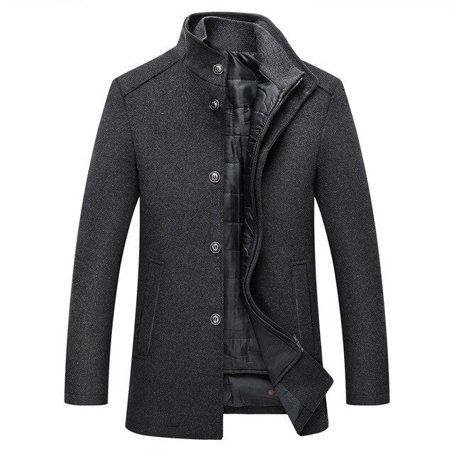 Men's Wool Single-Breasted Coat with Mandarin Collar