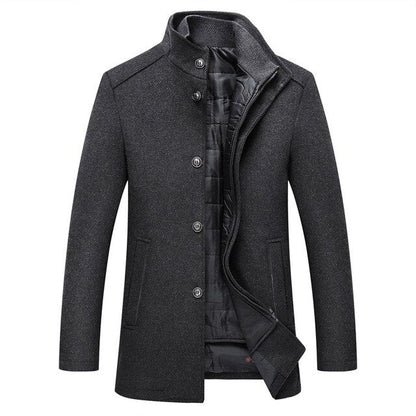 Men's Wool Single-Breasted Coat with Mandarin Collar