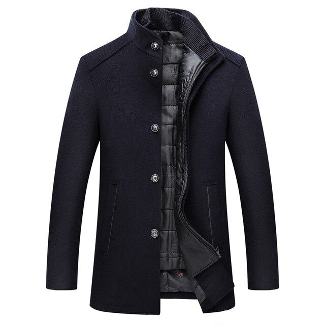 Men's Wool Single-Breasted Coat with Mandarin Collar