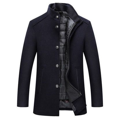 Men's Wool Single-Breasted Coat with Mandarin Collar