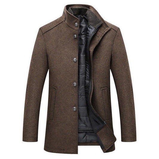 Men's Wool Single-Breasted Coat with Mandarin Collar