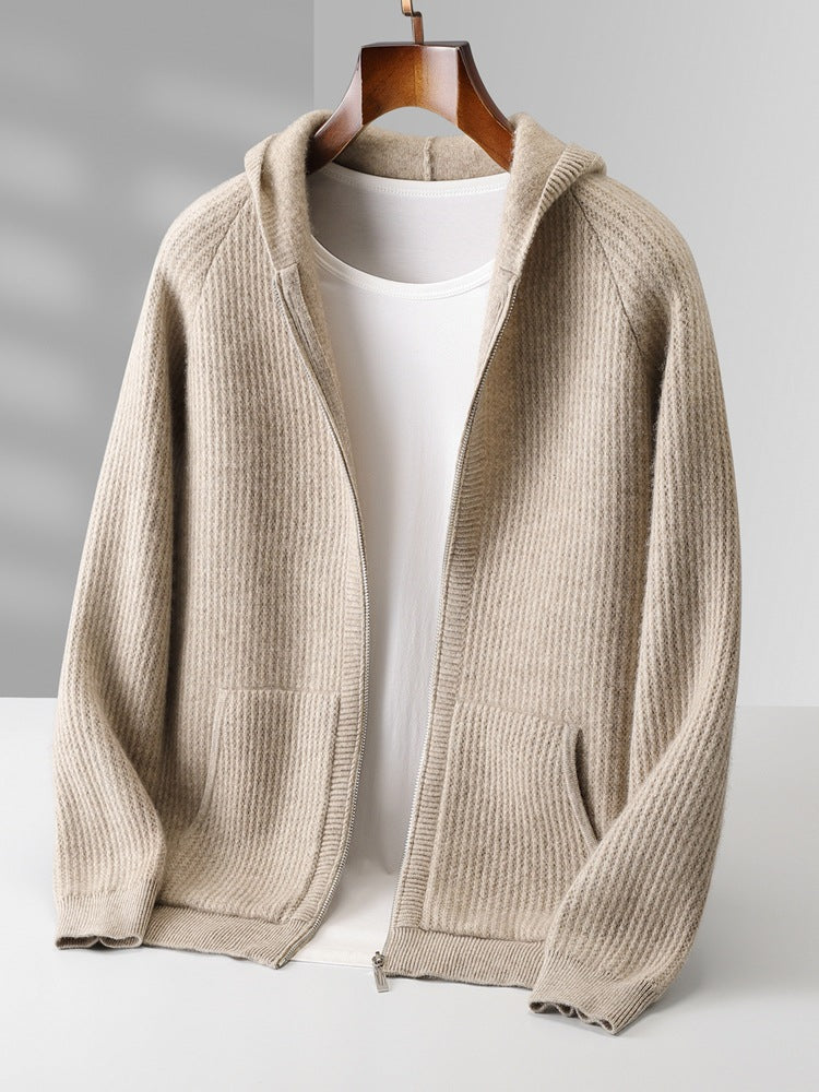 Men's Wool Zip Up Hooded Cardigan with Pockets