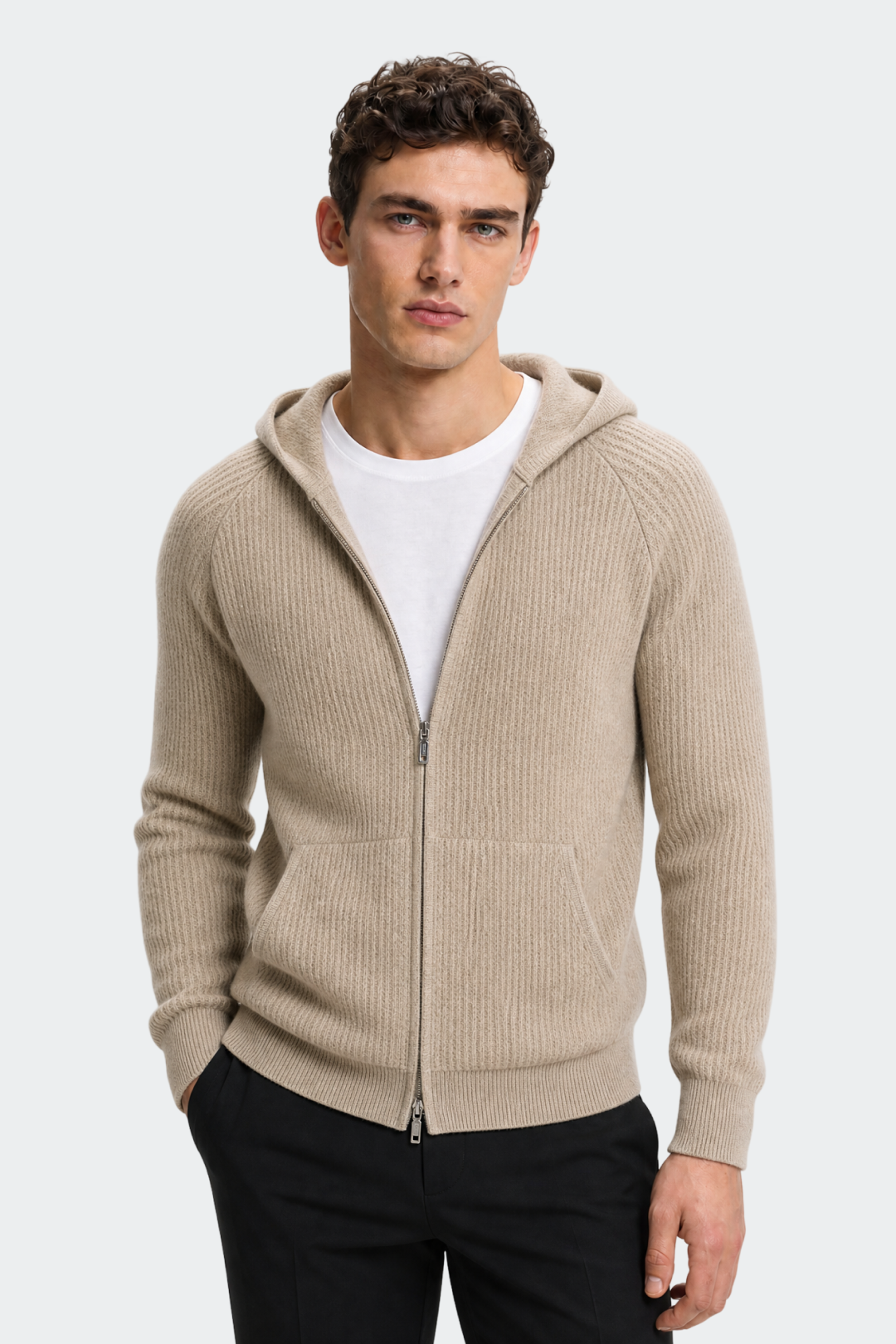 Men's Wool Zip Up Hooded Cardigan with Pockets