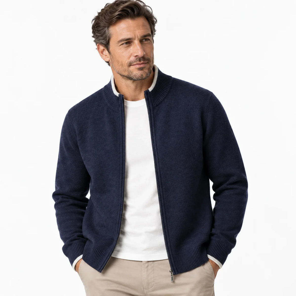 Men's Woolen Cardigan with Zip Collar