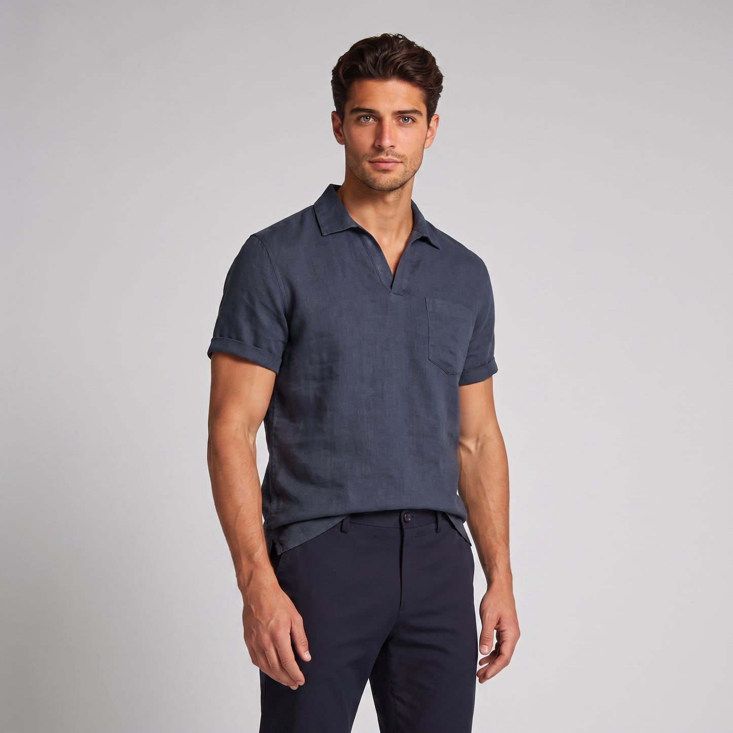 Men's Polo Shirt with Open Collar and Chest Pocket