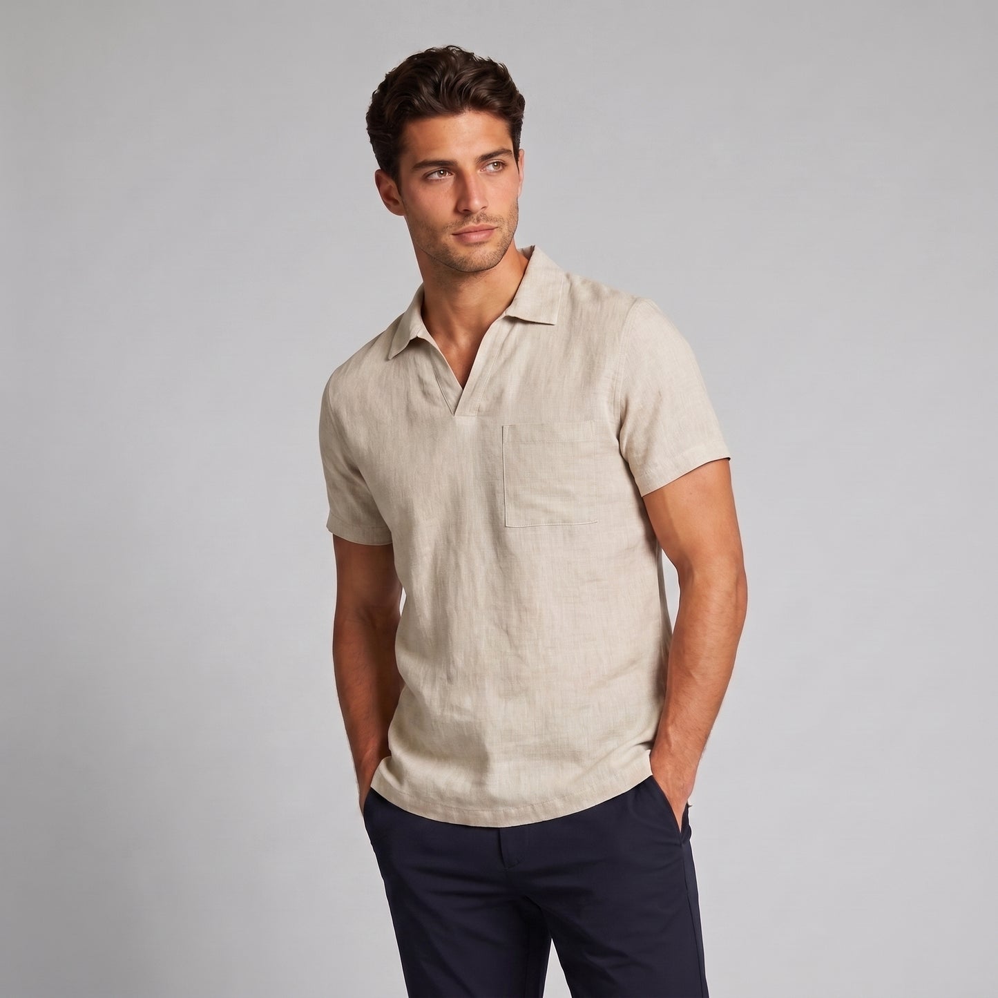 Men's Polo Shirt with Open Collar and Chest Pocket