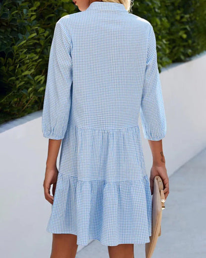 Women's A-Line Checked Dress with Stand-Up Collar
