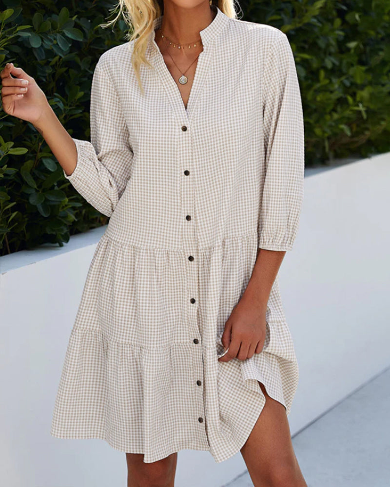 Women's A-Line Checked Dress with Stand-Up Collar