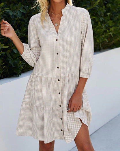 Women's A-Line Checked Dress with Stand-Up Collar