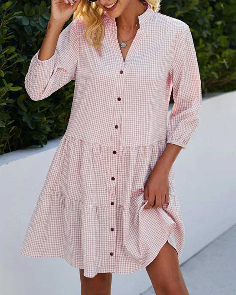 Women's A-Line Checked Dress with Stand-Up Collar