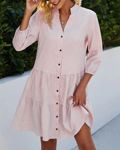 Women's A-Line Checked Dress with Stand-Up Collar