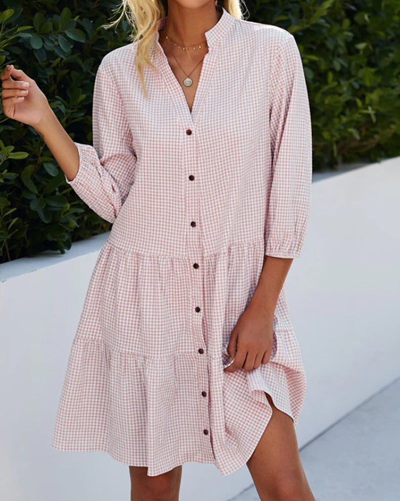 Women's A-Line Checked Dress with Stand-Up Collar