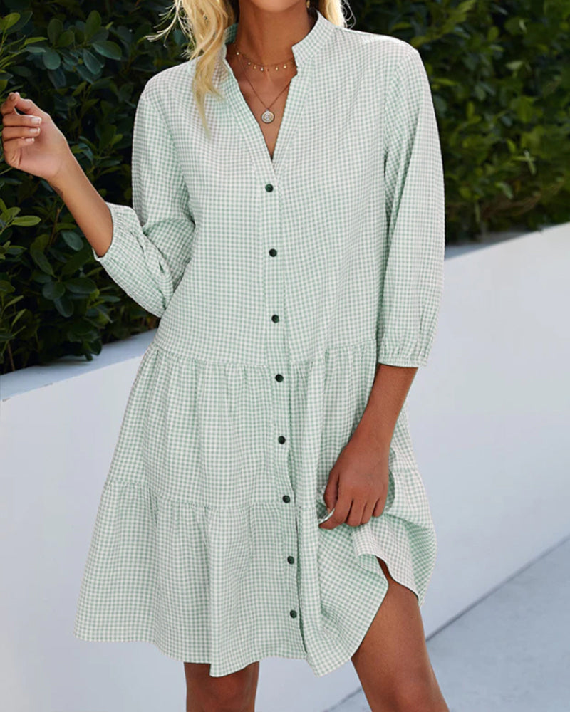 Women's A-Line Checked Dress with Stand-Up Collar