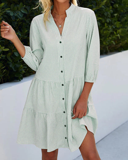 Women's A-Line Checked Dress with Stand-Up Collar