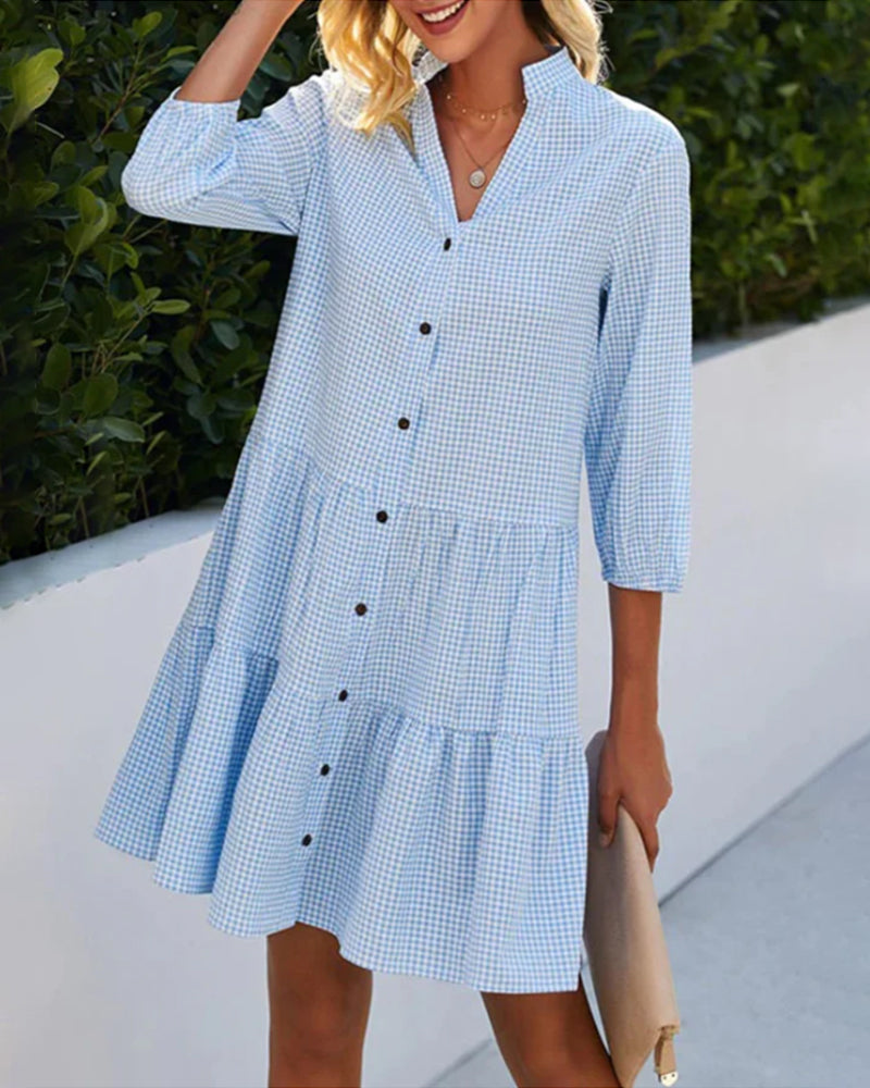 Women's A-Line Checked Dress with Stand-Up Collar