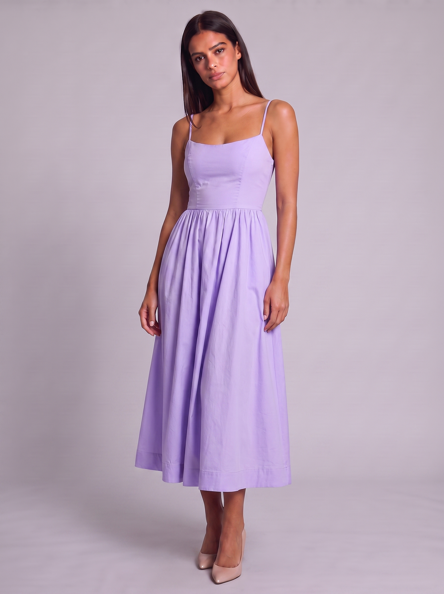Women's A-Line Midi Dress with Spaghetti Straps