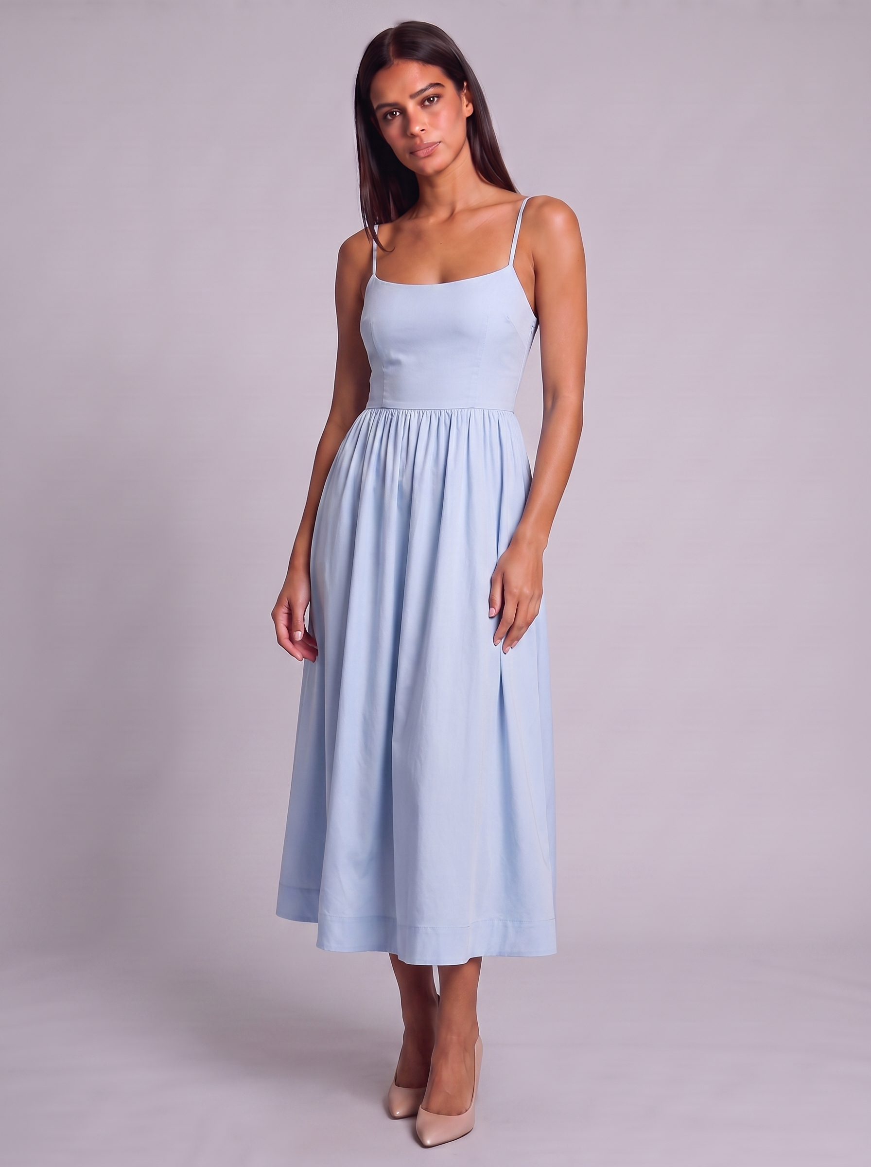 Women's A-Line Midi Dress with Spaghetti Straps