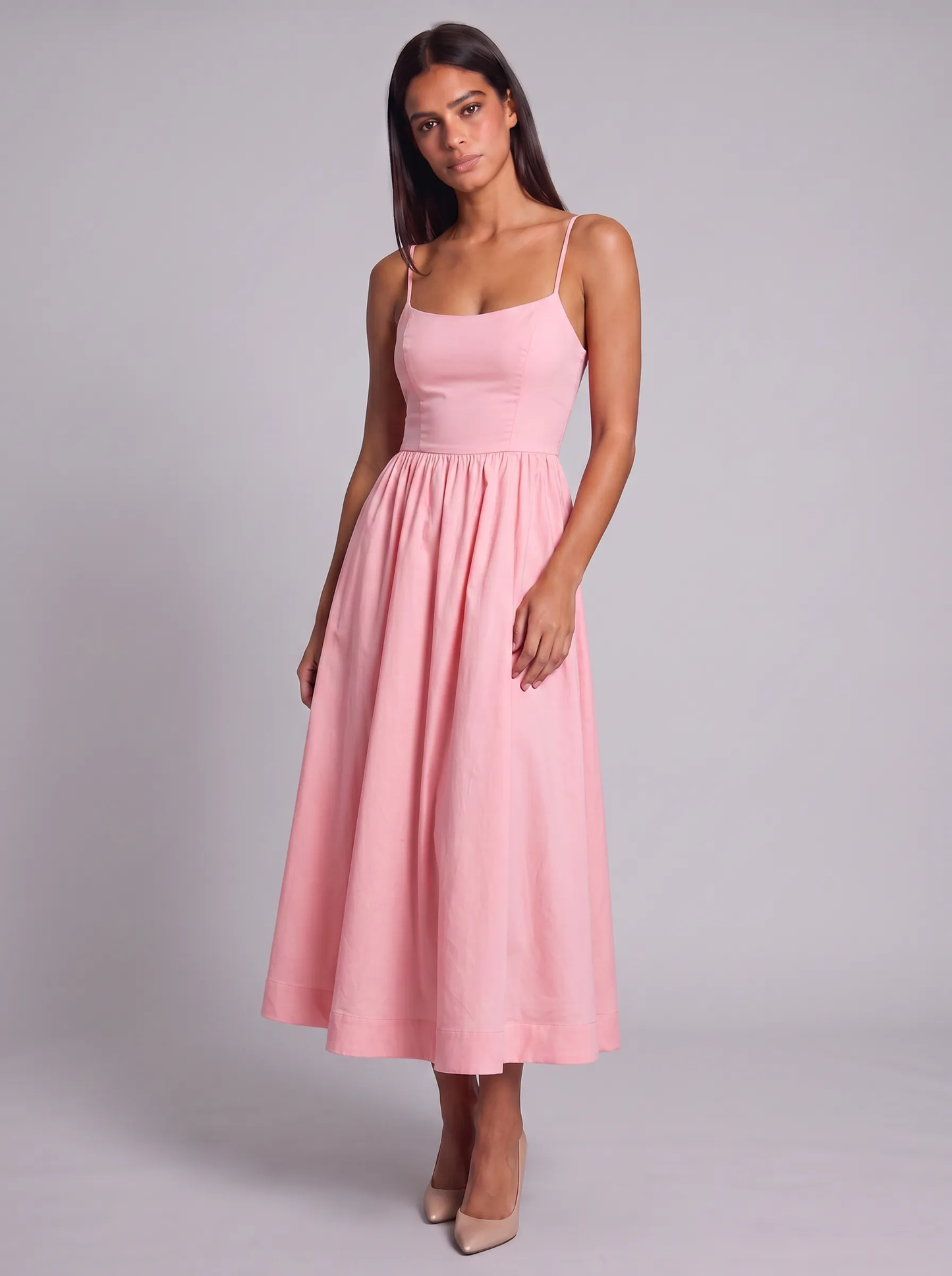 Women's A-Line Midi Dress with Spaghetti Straps