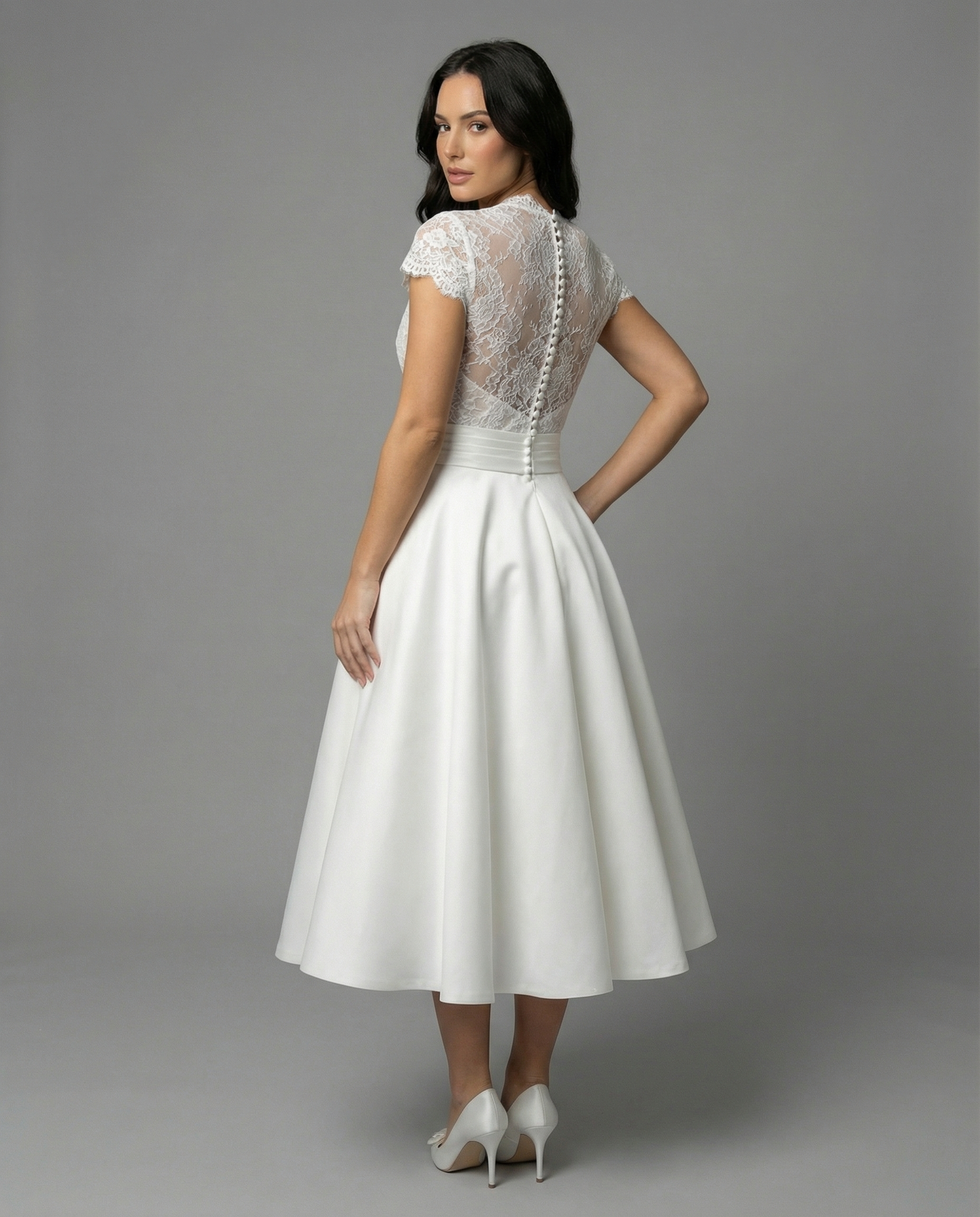 Women's A-Line Midi Wedding Dress with Lace Bodice