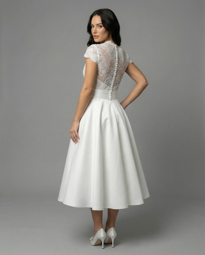 Women's A-Line Midi Wedding Dress with Lace Bodice