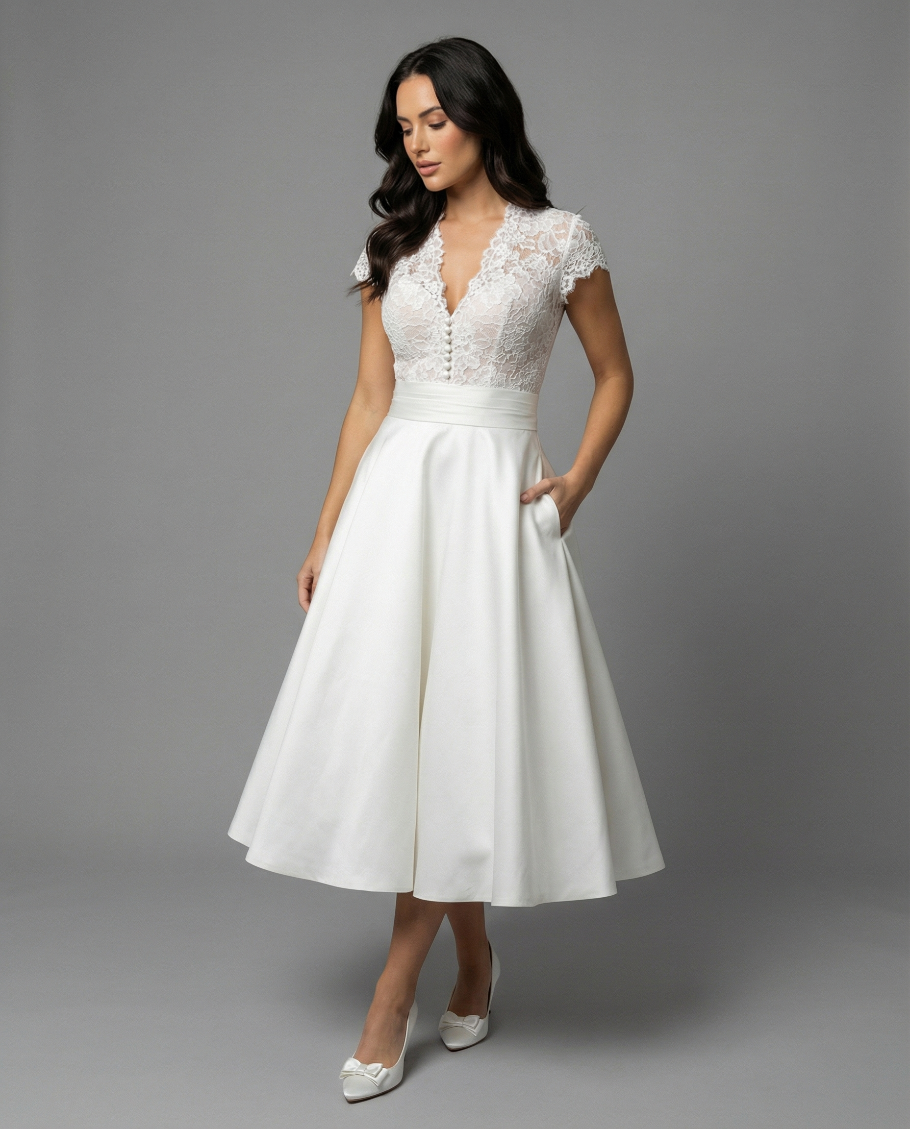 Women's A-Line Midi Wedding Dress with Lace Bodice