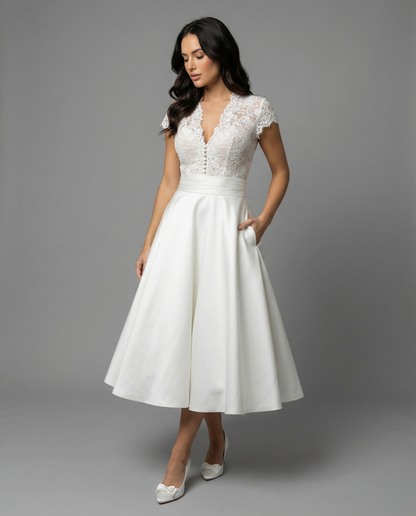 Women's A-Line Midi Wedding Dress with Lace Bodice