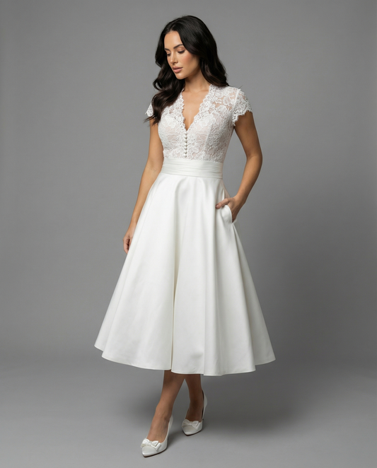 Women's A-Line Midi Wedding Dress with Lace Bodice