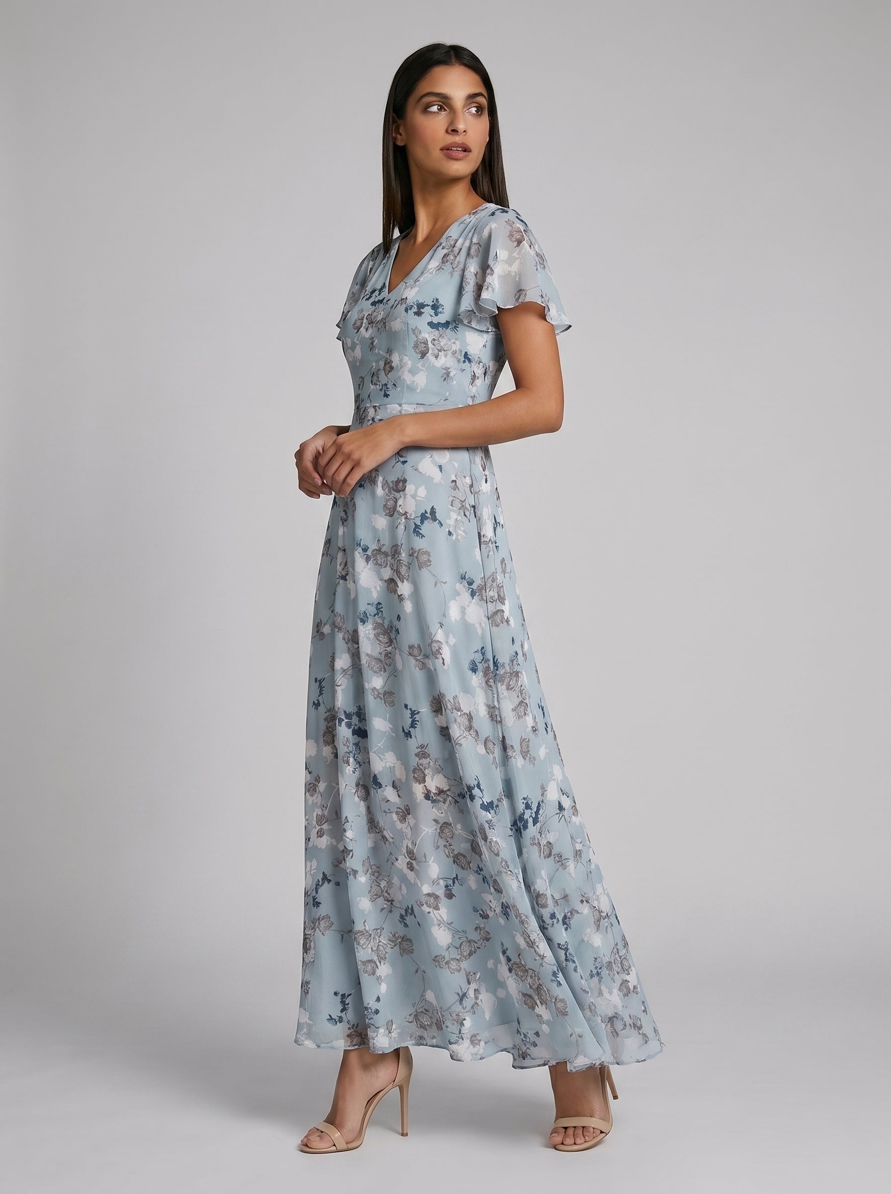 Women's A-line Maxi Dress with Flutter Sleeves