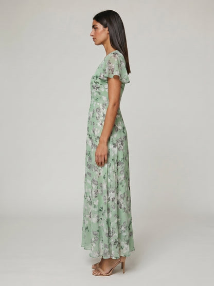 Women's A-line Maxi Dress with Flutter Sleeves