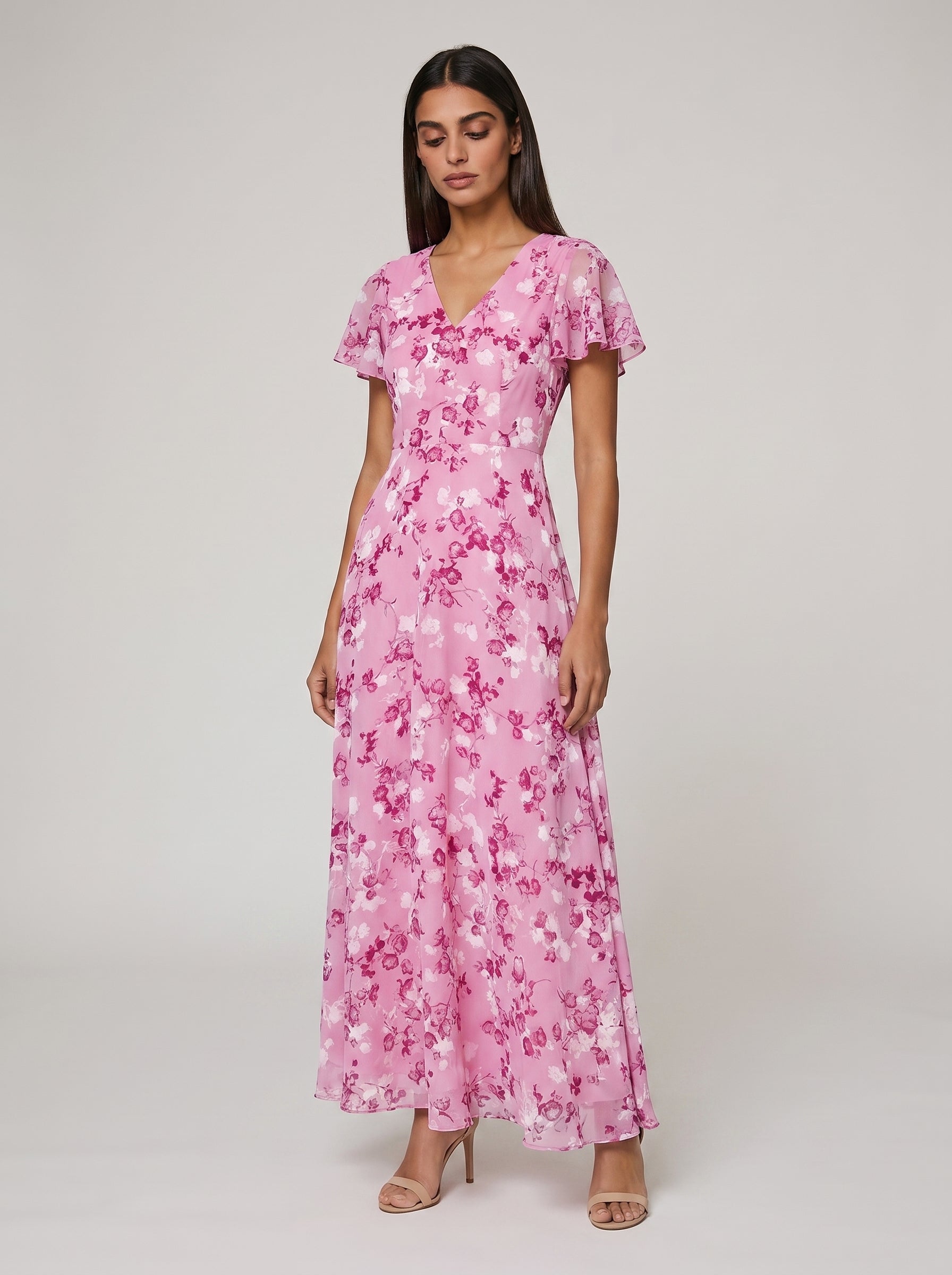 Women's A-line Maxi Dress with Flutter Sleeves