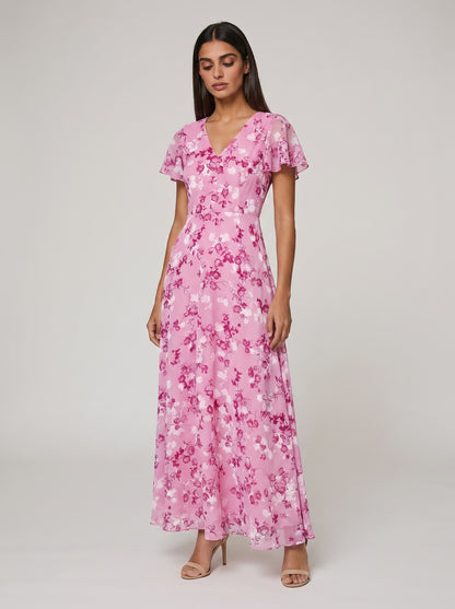 Women's A-line Maxi Dress with Flutter Sleeves