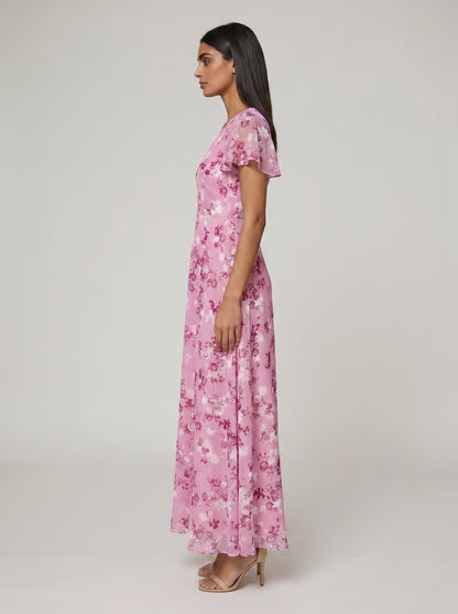 Women's A-line Maxi Dress with Flutter Sleeves