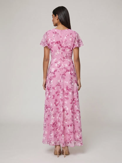 Women's A-line Maxi Dress with Flutter Sleeves
