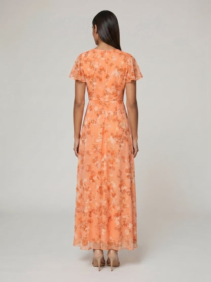 Women's A-line Maxi Dress with Flutter Sleeves