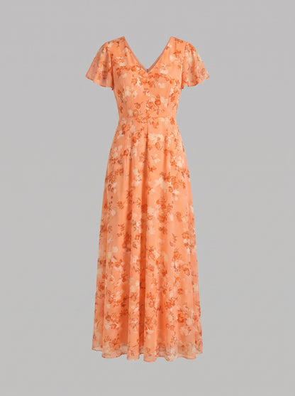 Women's A-line Maxi Dress with Flutter Sleeves