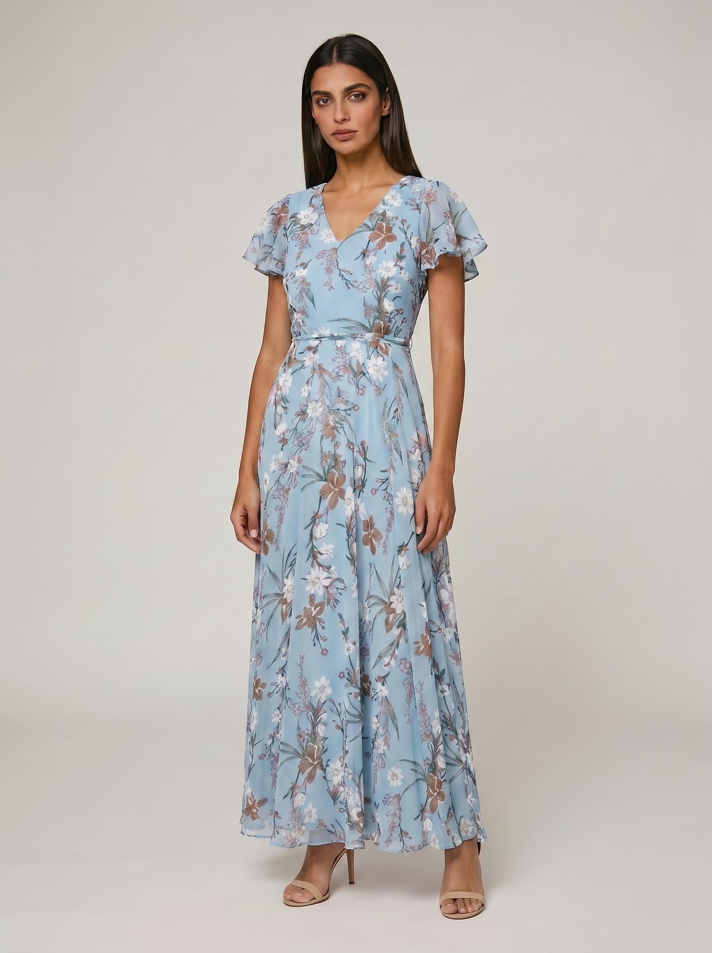 Women's A-line Maxi Dress with Flutter Sleeves