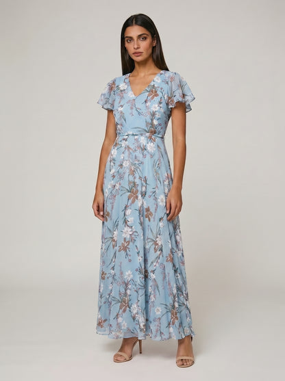 Women's A-line Maxi Dress with Flutter Sleeves