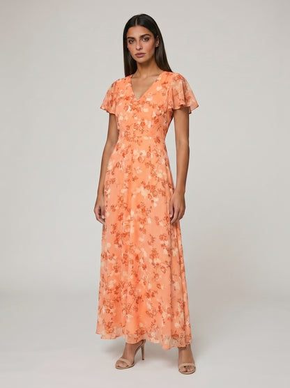 Women's A-line Maxi Dress with Flutter Sleeves
