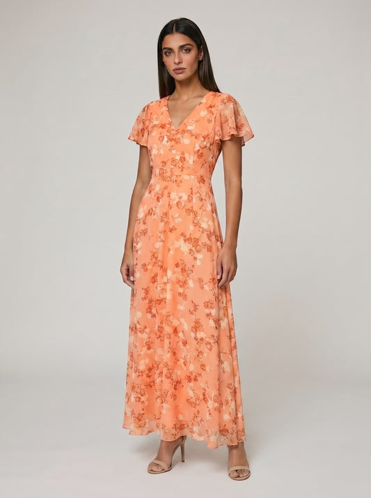 Women's A-line Maxi Dress with Flutter Sleeves