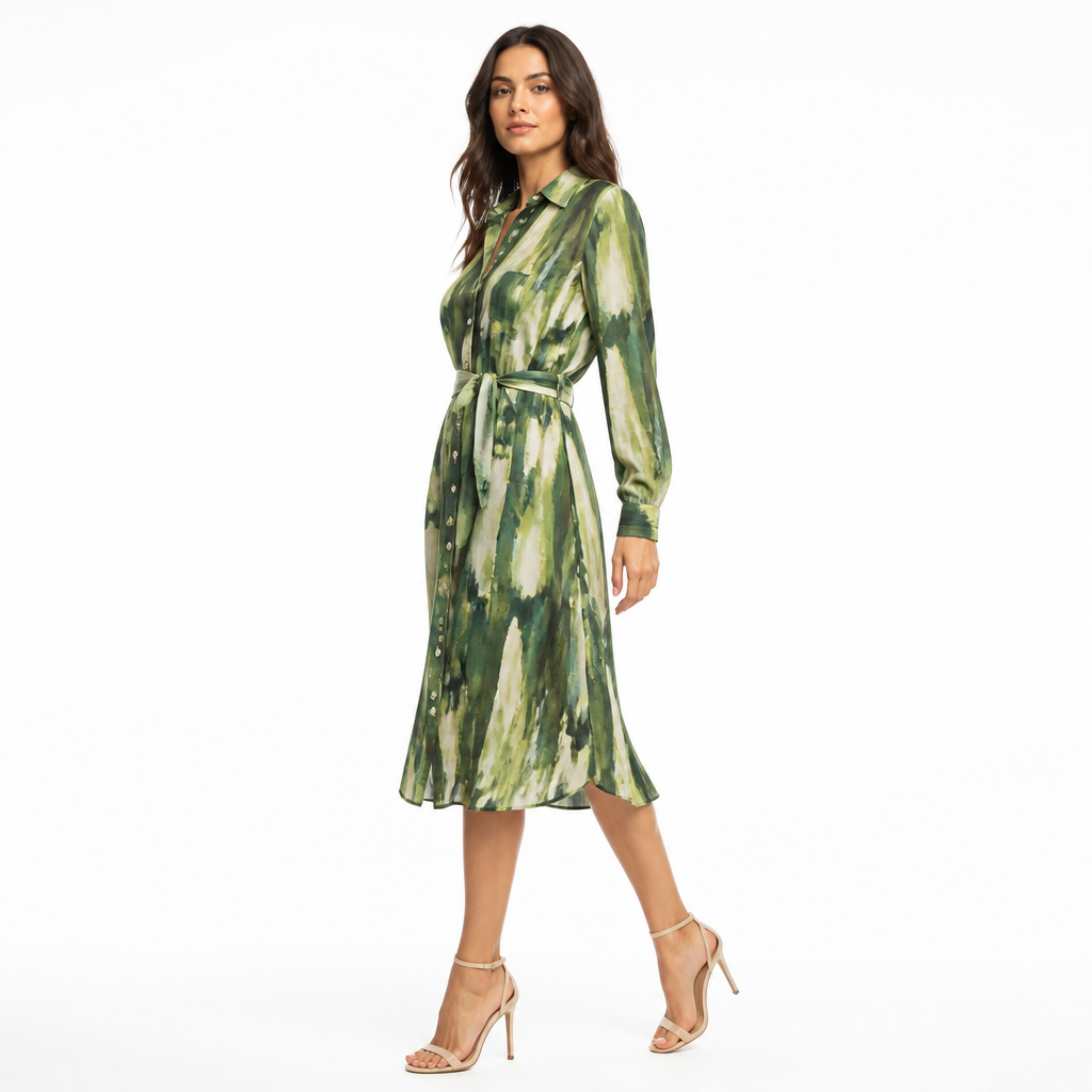 Women's Abstract-Print Belted Shirt Midi Dress